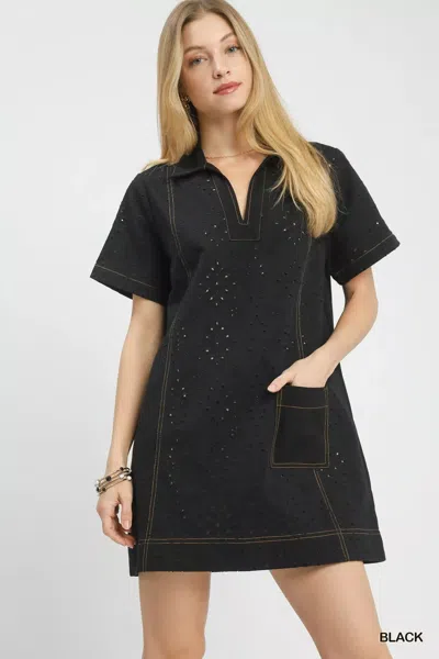 Truedames Eyelet Short Sleeve Shift Dress With Pocket In Black