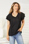 Truedames Eyelet Tie-neck Flutter Sleeve Blouse In Black