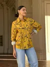 Truedames Face Print Long Sleeve Button Down Blouse In Yellow