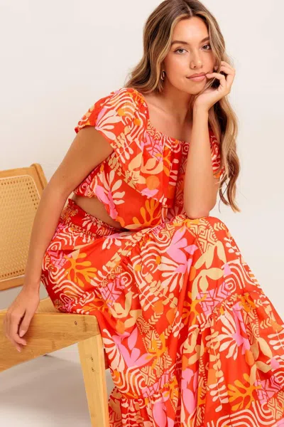 Truedames Faint Sunbeam Red Woven Top And Skirt Set