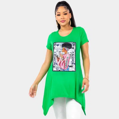 Truedames Fashion Message Afro Gril Printed Half Sleeve Top In Green