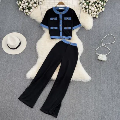 Truedames Fashion Two-piece Set Elegant Crewneck Single-breasted Denim Contrast Crop Top + Skirt Suit In Black