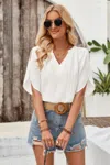 Truedames Fashnzfab Plain V Neck Loose Fit Short Sleeve Blouse In White