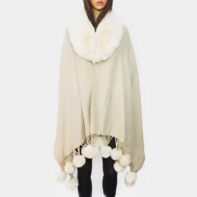 Truedames Faux Fur Collar And Pom Pom Dangle Poncho In Beige