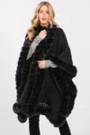 Truedames Faux Fur Collar And Trim Cape With Closure In Black