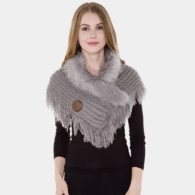 Truedames Faux Fur Collar Detail Cable Knit Tassel Shawl Scarf In Gray