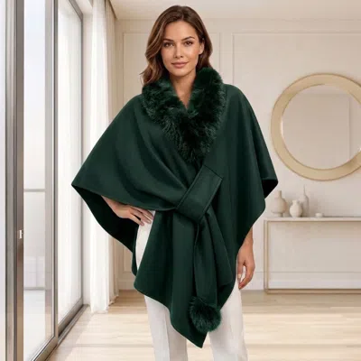 Truedames Faux Fur Collar Pom Pom Trim Wrap Cape Coat Poncho In Green