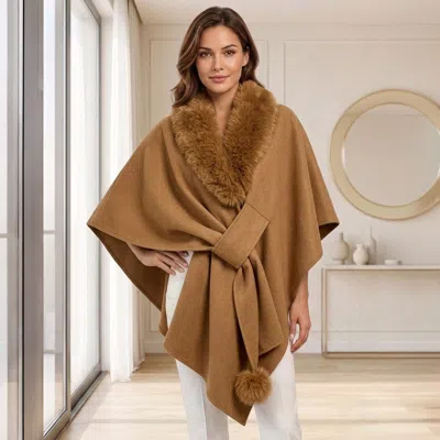 Truedames Faux Fur Collar Pom Pom Trim Wrap Cape Coat Poncho In Grey