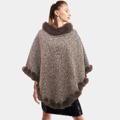 Truedames Faux Fur Collar Trim Poncho In Grey