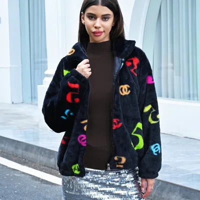 Truedames Faux Fur Colorful Number Patterned Jacket In Blue