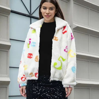 Truedames Faux Fur Colorful Number Patterned Jacket In White