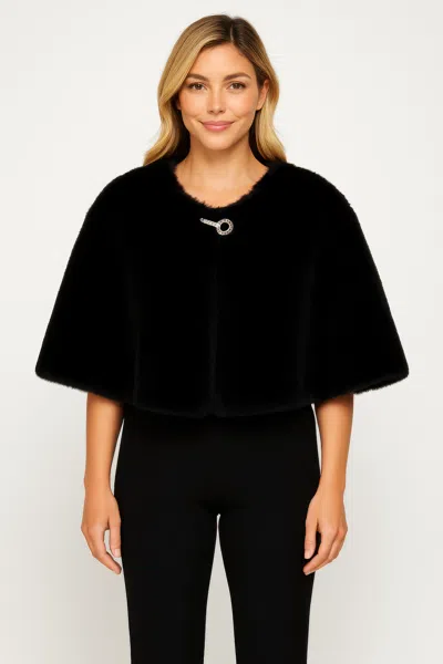 Truedames Faux Fur Cropped Cape With Jeweled Clasp In Black