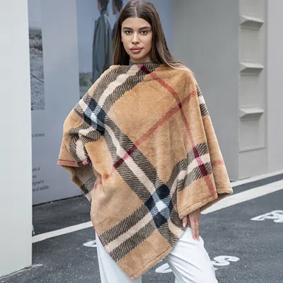 Truedames Faux Fur Plaid Pattern Poncho Wrap In Multi