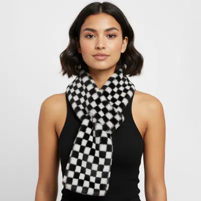 Truedames Faux Fur Plush Checkered Pull Through Scarf In Black