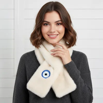 Truedames Faux Fur Plush Evil Eye Embroidered Pull Through Scarf In Neutral