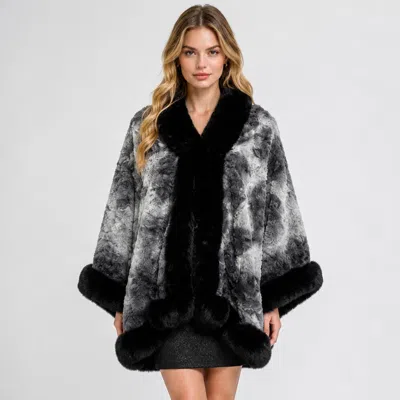 Truedames Faux Fur Plush Trim Abstract Pattern Cape Wrap Poncho In Black