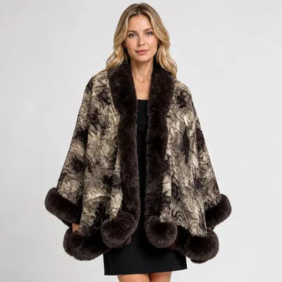 Truedames Faux Fur Plush Trim Abstract Pattern Cape Wrap Poncho In Grey