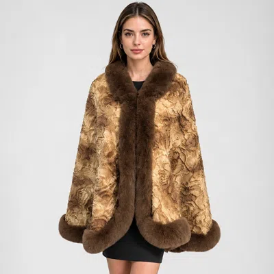 Truedames Faux Fur Plush Trim Abstract Pattern Cape Wrap Poncho In Orange