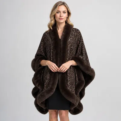Truedames Faux Fur Plush Trim Leopard Print Cape Wrap Poncho In Brown