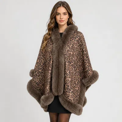 Truedames Faux Fur Plush Trim Leopard Print Cape Wrap Poncho In Green