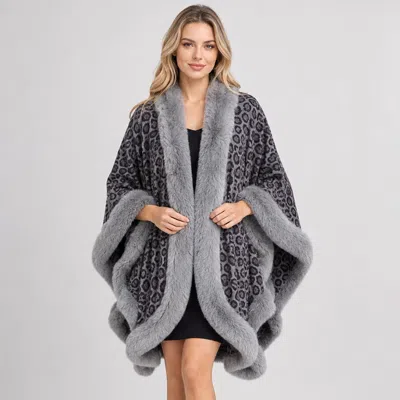 Truedames Faux Fur Plush Trim Leopard Print Cape Wrap Poncho In Grey