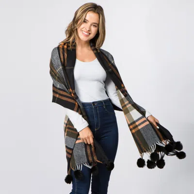 Truedames Faux Fur Pom Pom Tassel Plaid Scarf In Black