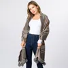 Truedames Faux Fur Pom Pom Tassel Plaid Scarf In Gray