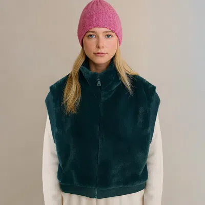 Truedames Faux Fur Rib Sleeve Vest In Green
