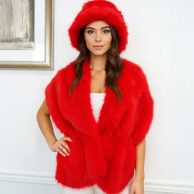 Truedames Faux Fur Shawl Wrap Poncho In Red