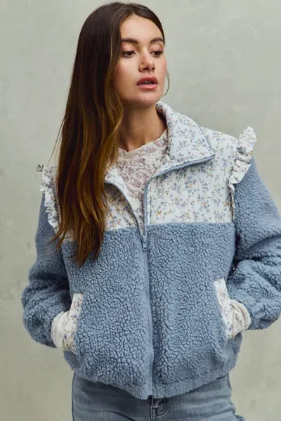 Truedames Faux Fur Sherpa Pull Jacket With Floral Contrast In Blue