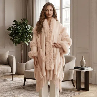 Truedames Faux Fur Trim Fringe Open Front Long Cape Coat Poncho In Beige