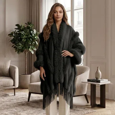 Truedames Faux Fur Trim Fringe Open Front Long Cape Coat Poncho In Black