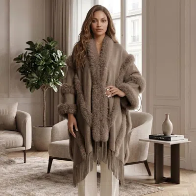 Truedames Faux Fur Trim Fringe Open Front Long Cape Coat Poncho In Green