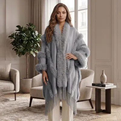 Truedames Faux Fur Trim Fringe Open Front Long Cape Coat Poncho In Multi