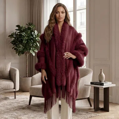 Truedames Faux Fur Trim Fringe Open Front Long Cape Coat Poncho In Pink