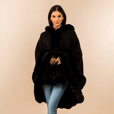 Truedames Faux Fur Trim Hooded Elegant Drape Cape Poncho In Black