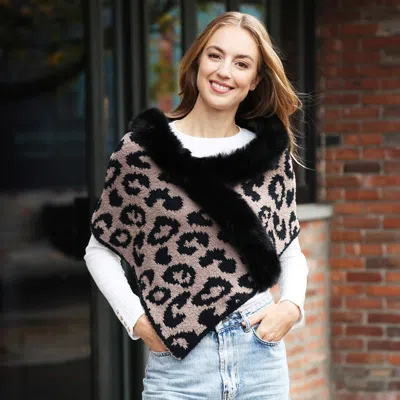 Truedames Faux Fur Trim Leopard Pattern Shawl Wrap In Brown