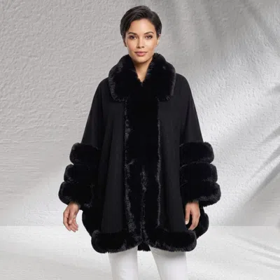 Truedames Faux Fur Trim Open Front Cape Coat Poncho In Black