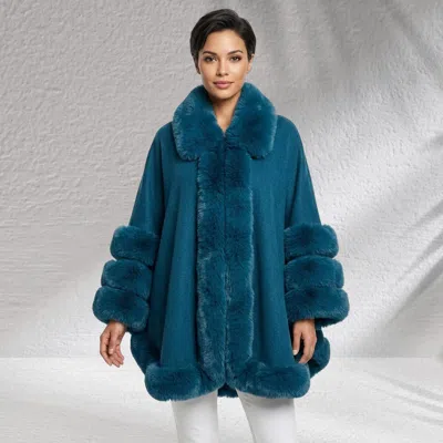 Truedames Faux Fur Trim Open Front Cape Coat Poncho In Blue