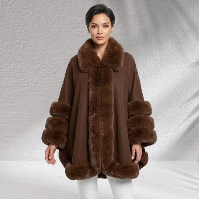Truedames Faux Fur Trim Open Front Cape Coat Poncho In Brown