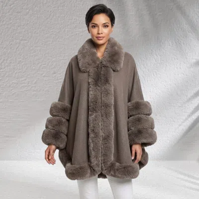 Truedames Faux Fur Trim Open Front Cape Coat Poncho In Grey