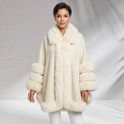 Truedames Faux Fur Trim Open Front Cape Coat Poncho In White