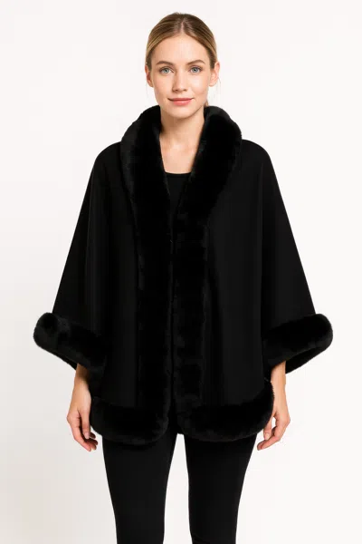 Truedames Faux Fur Trim Open-front Cape Jacket In Black