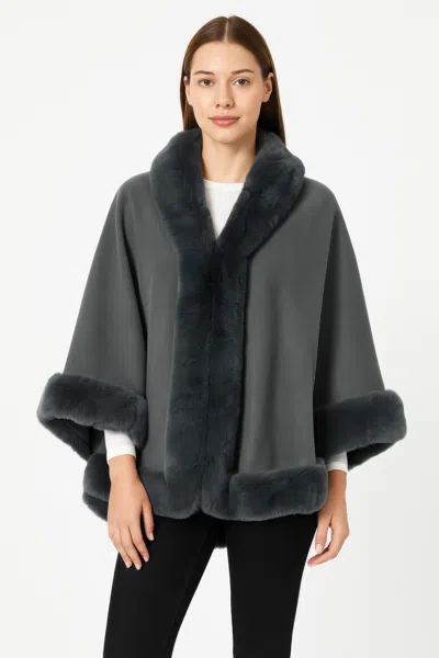 Truedames Faux Fur Trim Open-front Cape Jacket In Gray