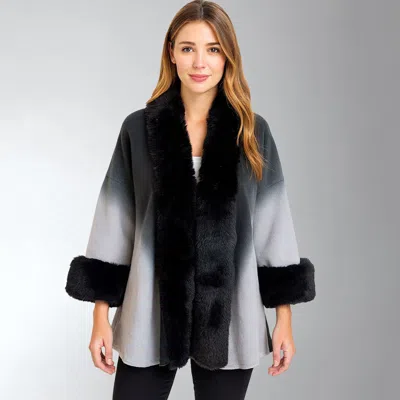 Truedames Faux Fur Trim Open Front Cape Shawl Poncho In Black