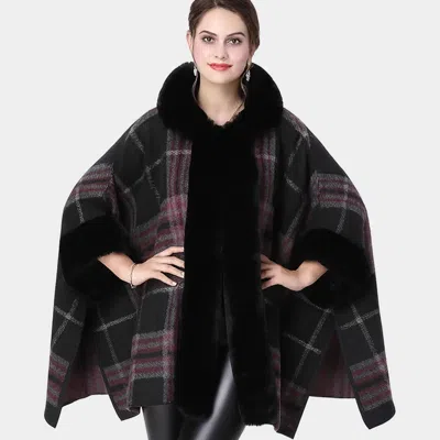 Truedames Faux Fur Trim Plaid Check Cape Coat Poncho In Black