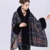 Truedames Faux Fur Trim Plaid Check Cape Coat Poncho In Blue
