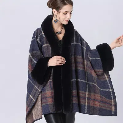 Truedames Faux Fur Trim Plaid Check Cape Coat Poncho In Blue