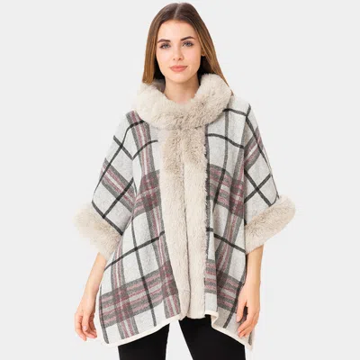 Truedames Faux Fur Trim Plaid Check Cape Coat Poncho In Multi