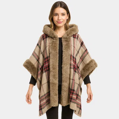 Truedames Faux Fur Trim Plaid Check Cape Coat Poncho In Multi